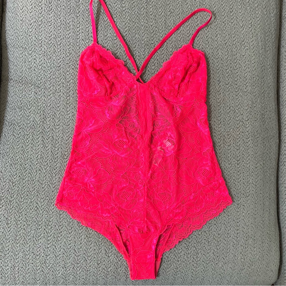 NWT Victoria's Secret Lace Teddy Lingerie Pink Neon size Small
